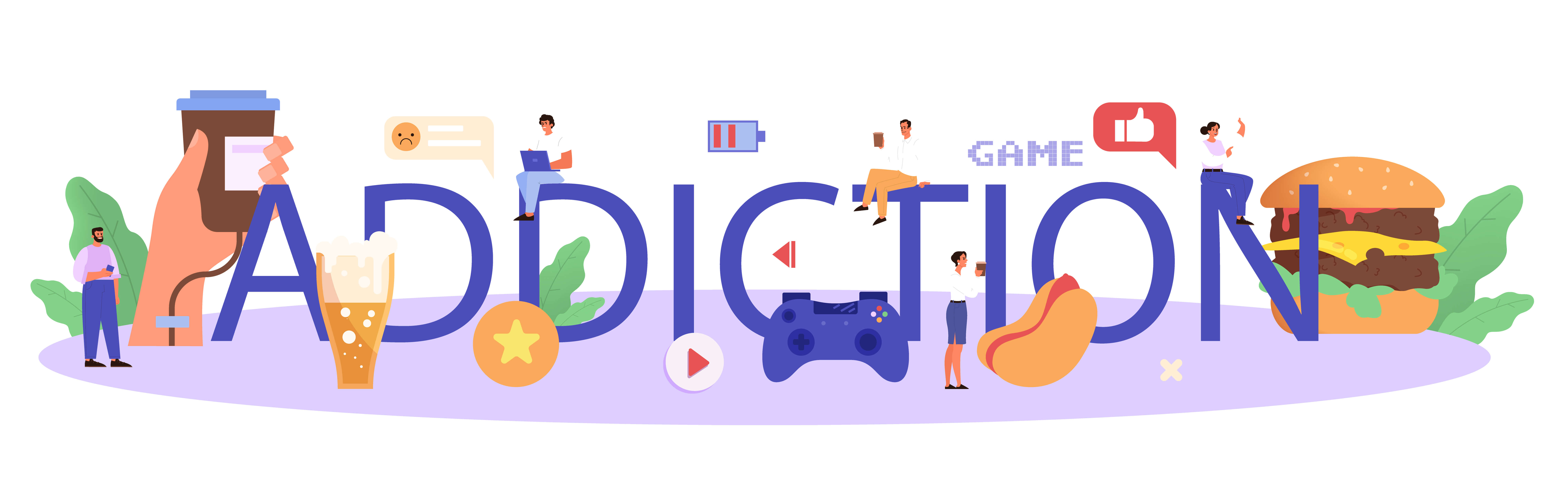 Illustration of the word 'Addiction' with various symbols representing habits, such as coffee, gaming, social media, food, and drinks, surrounded by small figures engaging in these activities.