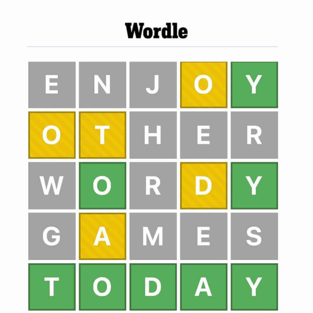 Wordle grid filled with guessed words, showing a mix of green, yellow, and gray tiles indicating correct, partially correct, incorrect letters, and right response.